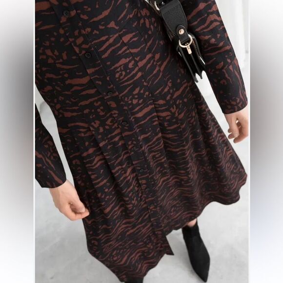 & Other Stories 0 Black Caramel Brown Long Sleeve Pleated Shirt Maxi Dress - Picture 2 of 14